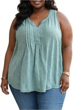 Croft & Barrow Plus Size 2X Top Sleeveless Blouse Aqua Blue Patterned Pleated